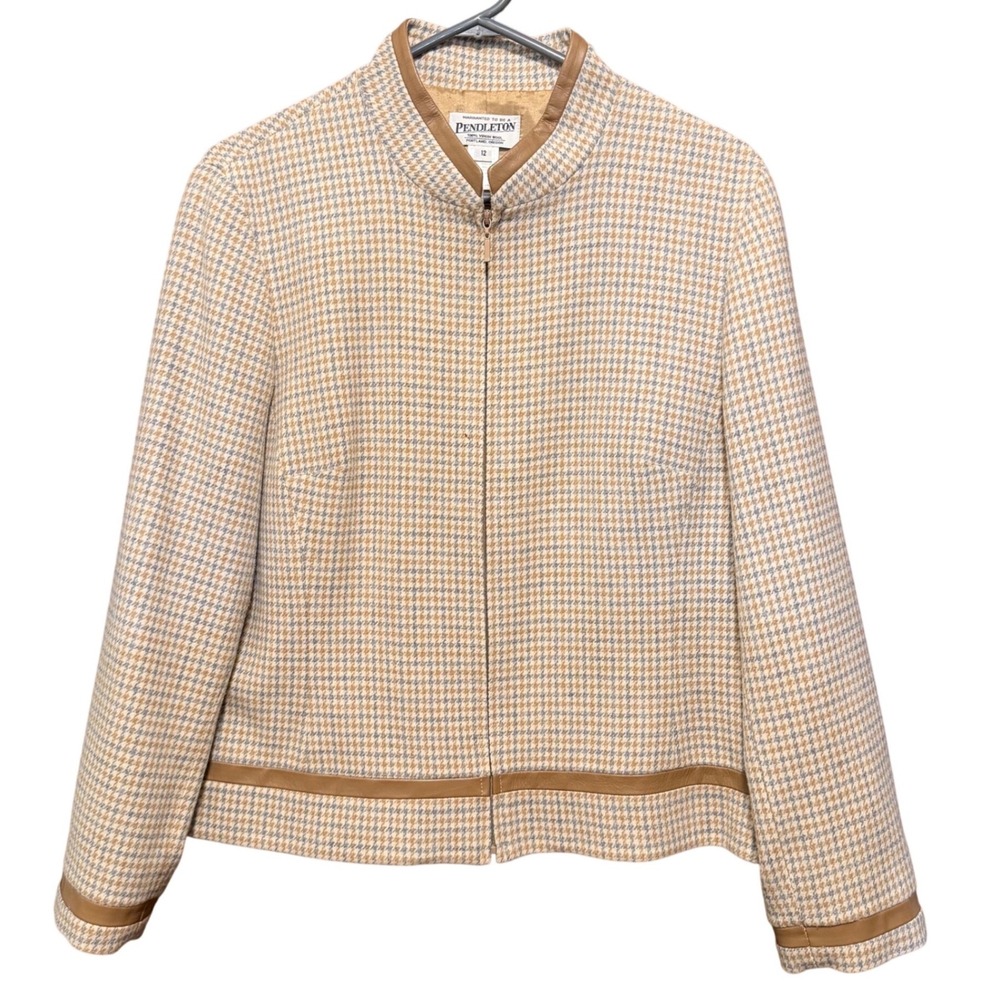 Pendleton Womens 12 Wool Houndstooth Full Zip Jacket Leather Trim Beige Made USA